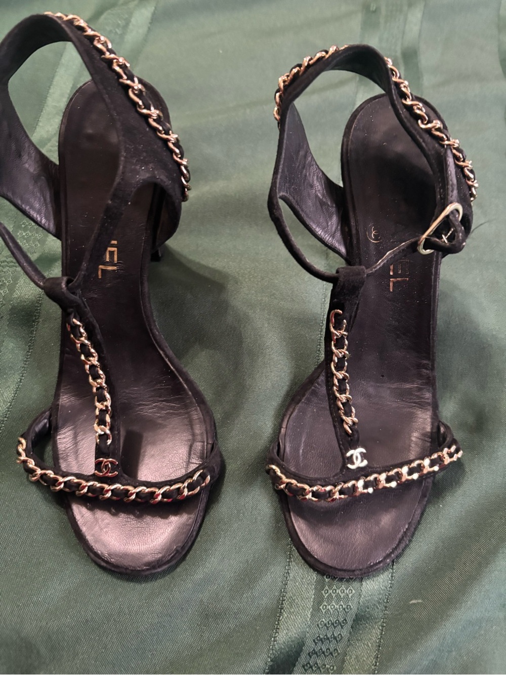 CHANEL Black Leather T-Strap Sandals with Gold Chain Trim